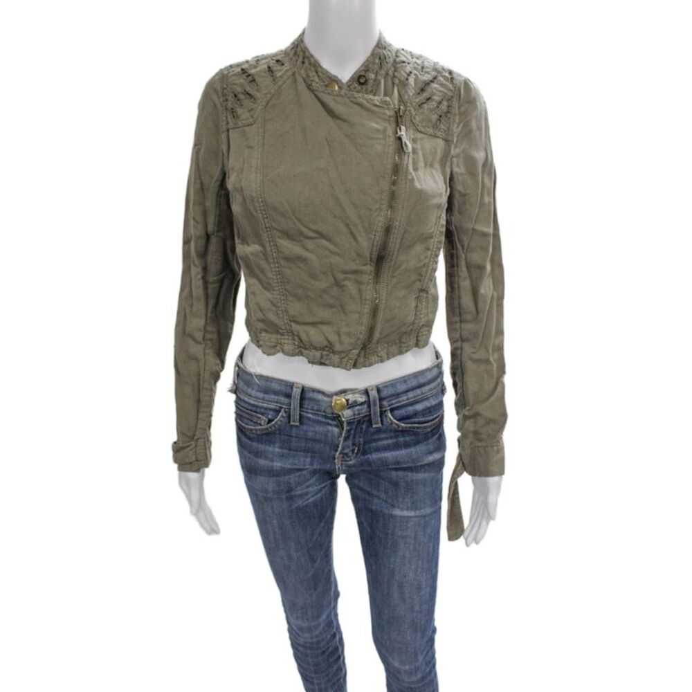 Free People Womens Biker Jacket Green Cotton Linen Long Sleeve Size 0